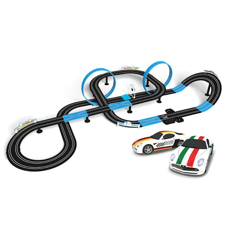 Fast-paced Double Lane Loop Racing Set for kids. Two players enjoy track racing with diecast toy cars.