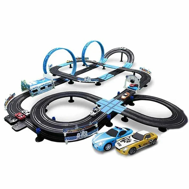 Kids' Double Lane Loop Racing Set features looping tracks for two players, diecast cars, and endless fun.