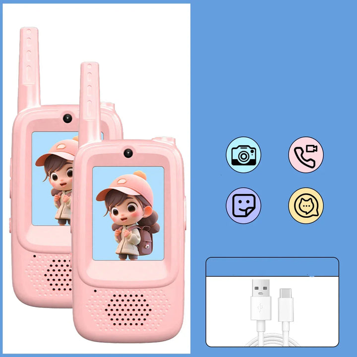 Kid exploring, using EchoPals video walkie talkie for secure video communication during outdoor play.