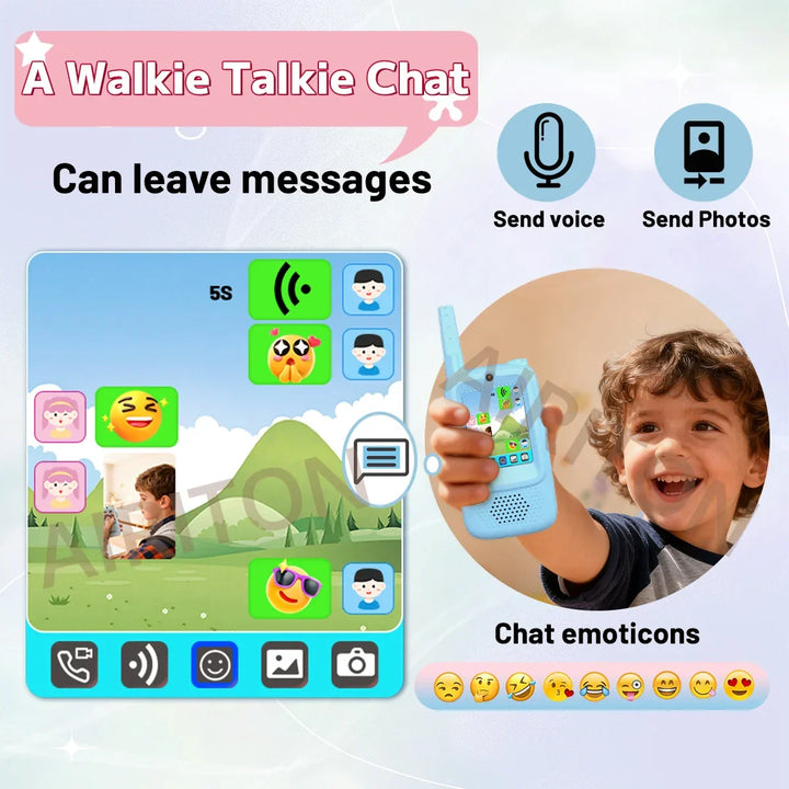 Two happy kids using EchoPals video walkie talkies for interactive communication & outdoor fun.