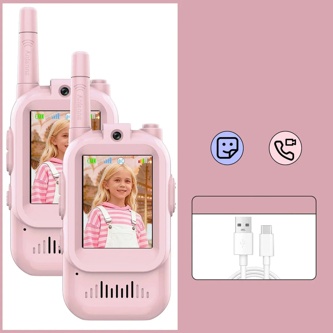 Child's hand holding a compact EchoPals video walkie talkie for easy portable communication.