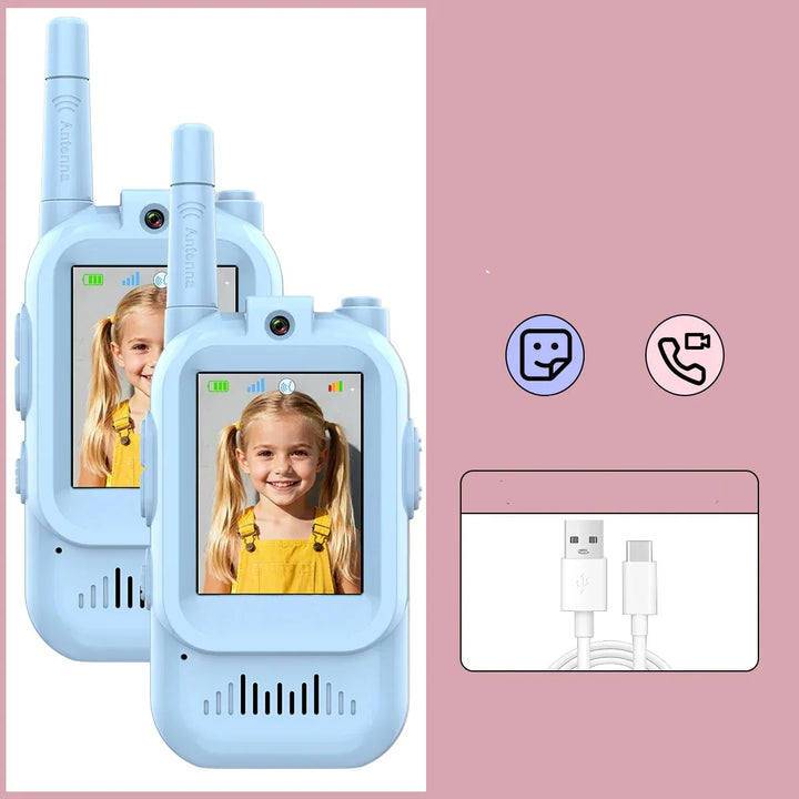EchoPals kids' video walkie talkie on charging dock, ensuring long-lasting power for outdoor play.