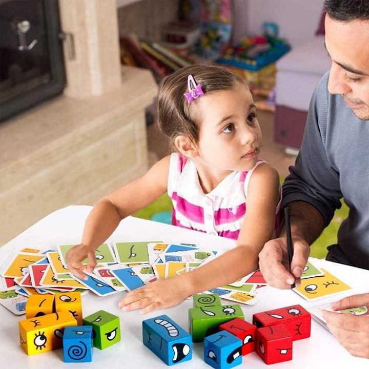 Kids' Educational Expression Puzzle Cubes, wooden blocks with emoji faces, learning toy for children