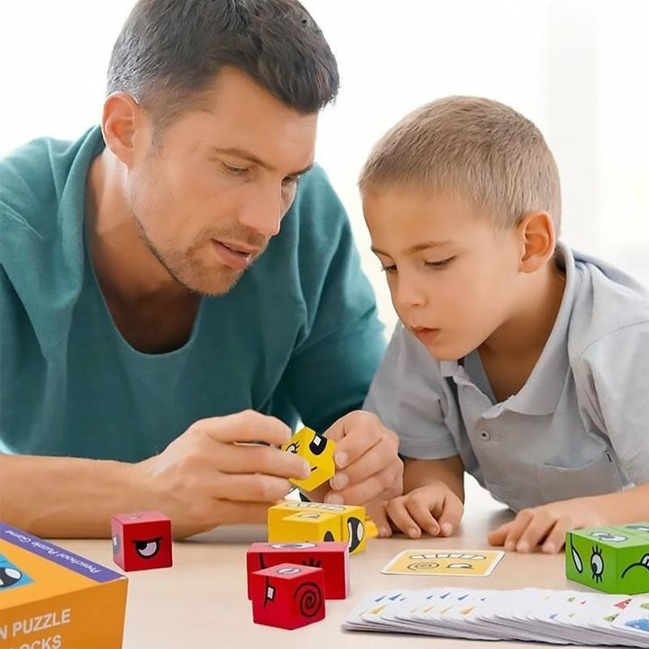 Close-up of wooden Kids' Educational Expression Puzzle Cubes showing various facial expressions