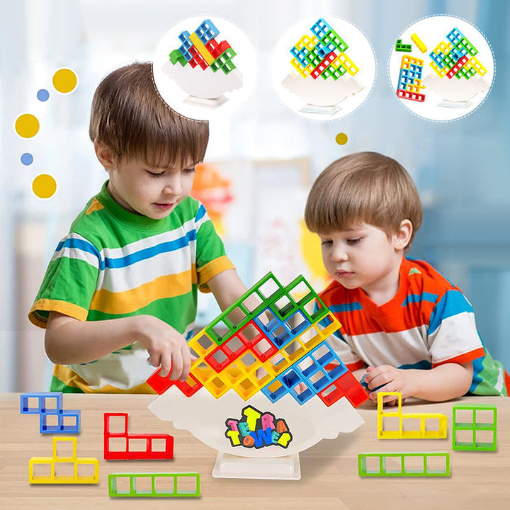 Children playing with a red and blue Swing Stack-Up Balance Toy, a fun educational stacking game for kids.