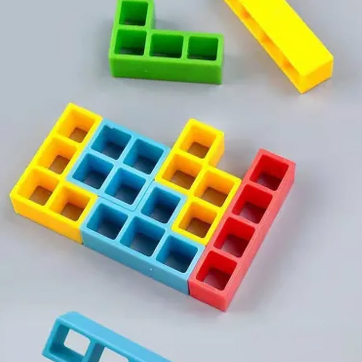Kids' educational balance toy set, depicting an assembled Swing Stack-Up for playtime.