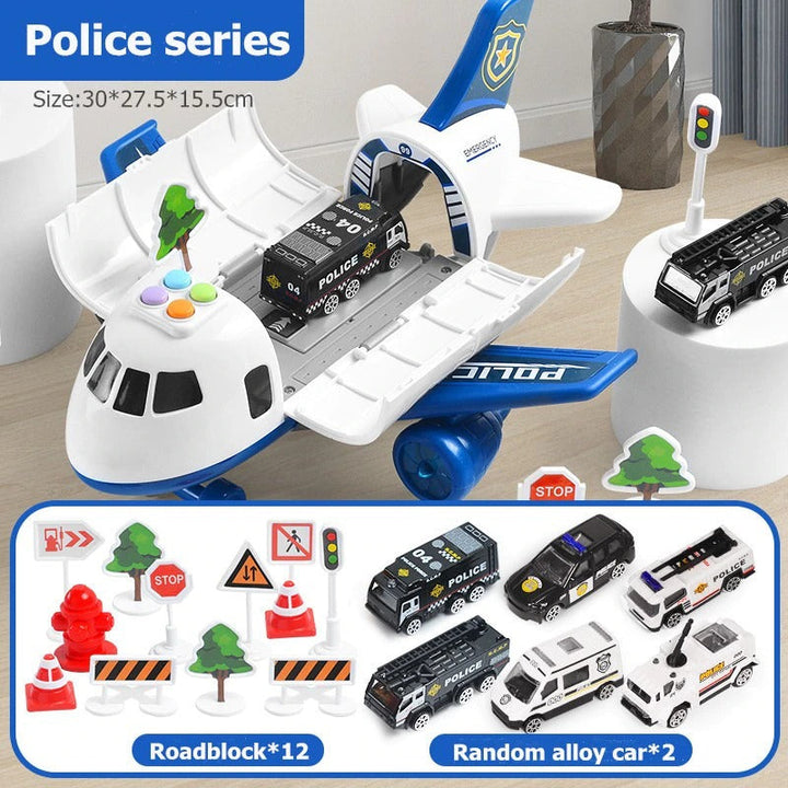 Detailed interactive airplane toy, a kids' 20-in-1 emergency services playset featuring diverse vehicles.