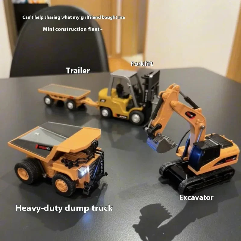 RC construction vehicle toy set, includes remote control excavator, dump truck, forklift. Kids' educational gift.