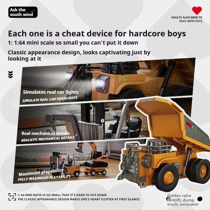 Excavex RC vehicle set with remote control excavator, dump truck, and forklift toys for kids' construction play.