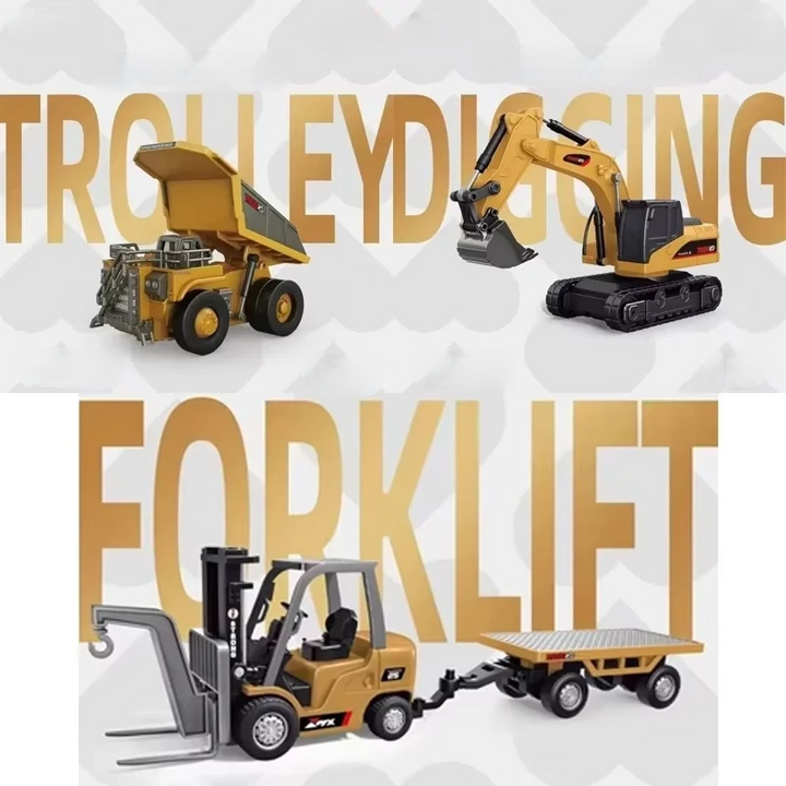 Kids' Excavex remote control construction vehicle toy set. RC excavator, dump truck, forklift, great boys' gift.