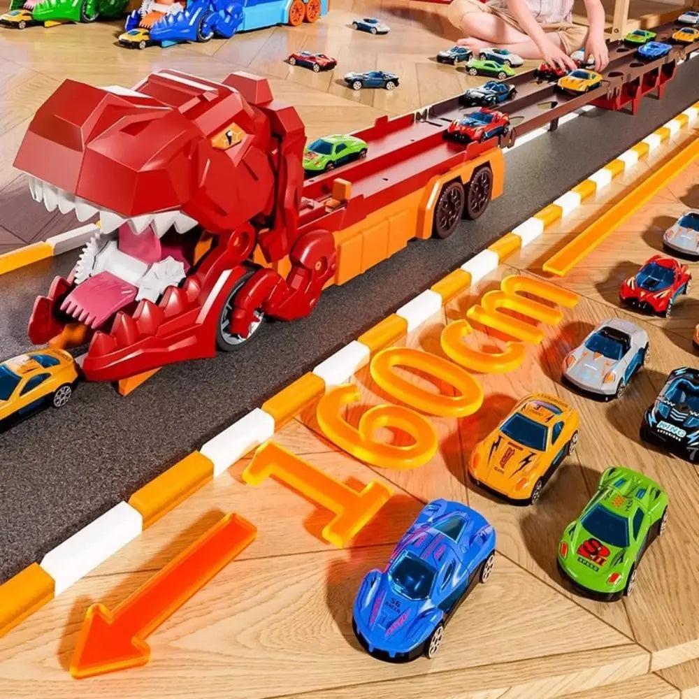 Kids' foldable dinosaur truck playset with car launcher & race track. Fun toy for boys & girls.