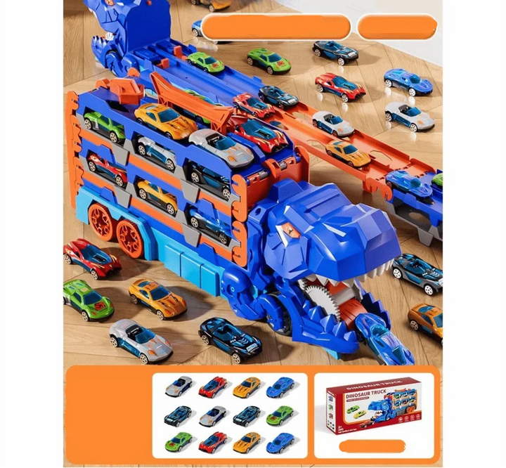 Exciting Trackosaur dinosaur truck with car launcher. Folds for easy storage, perfect for young racers.