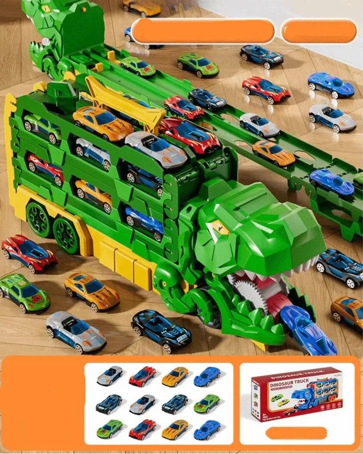 Durable foldable dinosaur truck playset. Transforms into a car launcher race track for boys & girls.