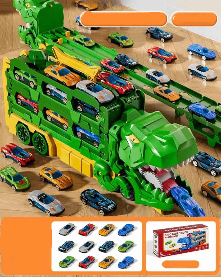 Durable foldable dinosaur truck playset. Transforms into a car launcher race track for boys & girls.