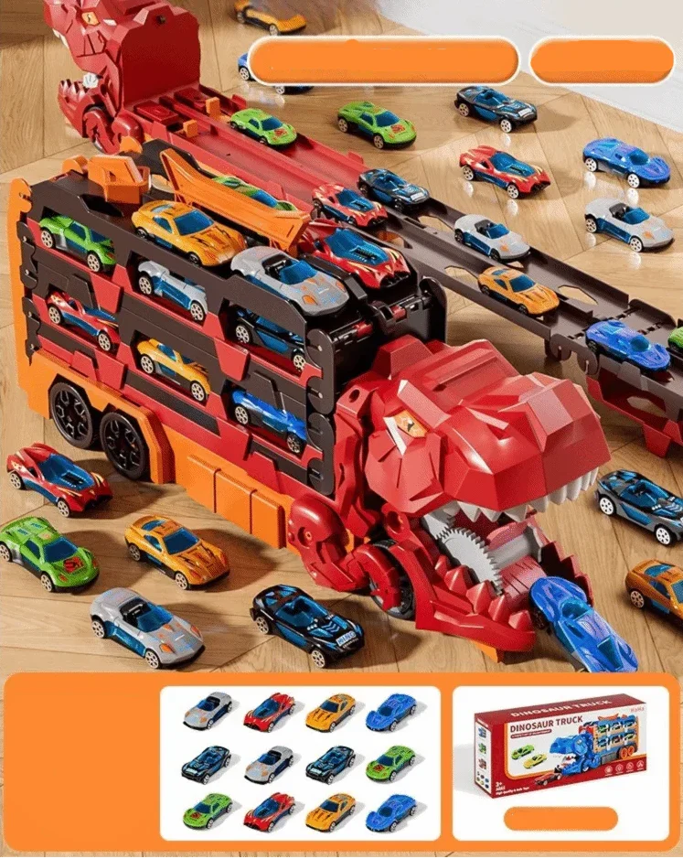 Kids' dinosaur truck toy with integrated car launcher & track. Foldable design for portable fun.