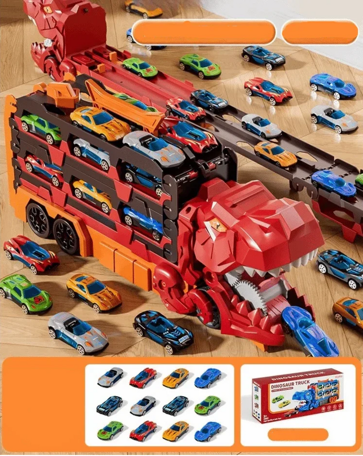 Kids' dinosaur truck toy with integrated car launcher & track. Foldable design for portable fun.