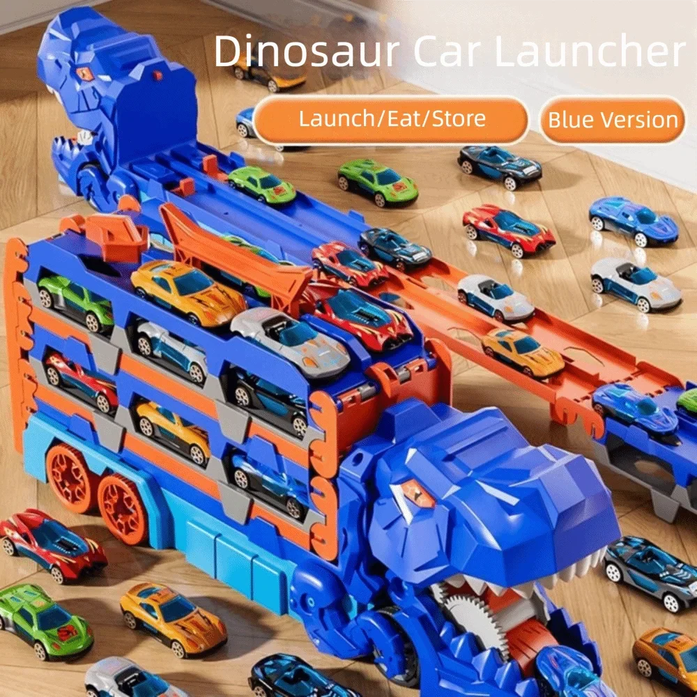 Trackosaur foldable dinosaur truck toy with car launcher, transforming into an exciting race track.