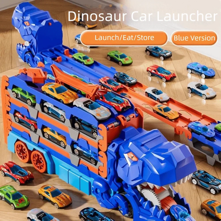 Trackosaur foldable dinosaur truck toy with car launcher, transforming into an exciting race track.