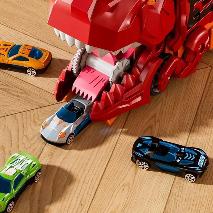 Bright green dinosaur truck toy unfolds into a car launcher & track, perfect for imaginative play.