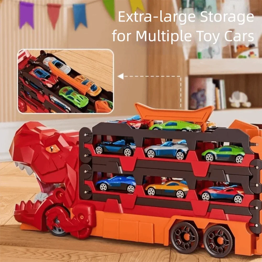 Foldable dinosaur truck playset for kids, includes car launcher, mini cars, and track for racing fun.