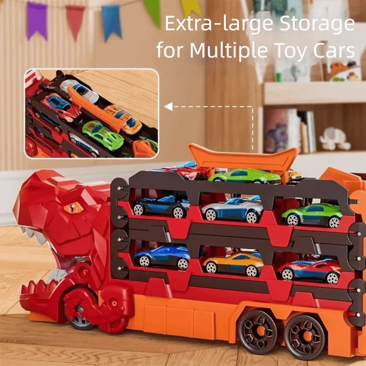 Foldable dinosaur truck playset for kids, includes car launcher, mini cars, and track for racing fun.