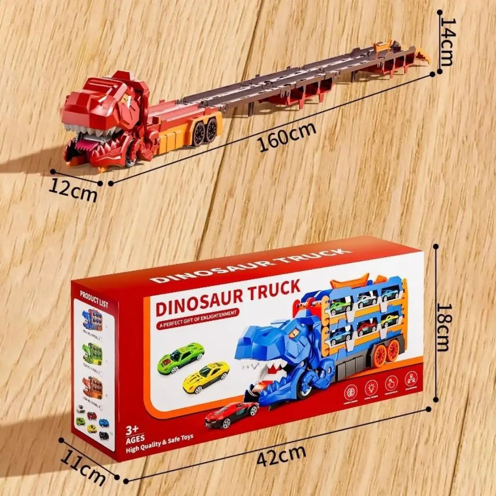 Interactive dinosaur truck toy that transforms into a car launcher race track. Great for preschool kids.