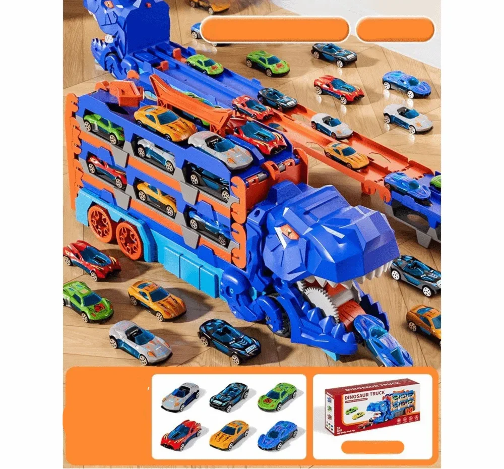 Compact & foldable dinosaur truck toy. Transforms into a car launcher race track for endless play.