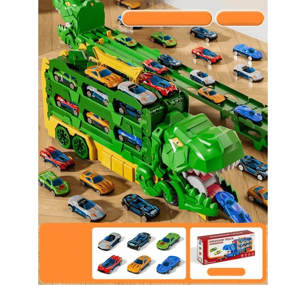 Dinosaur-themed truck toy for kids, includes a car launcher & race track. Easy to fold & store.
