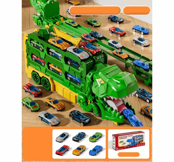 Dinosaur-themed truck toy for kids, includes a car launcher & race track. Easy to fold & store.