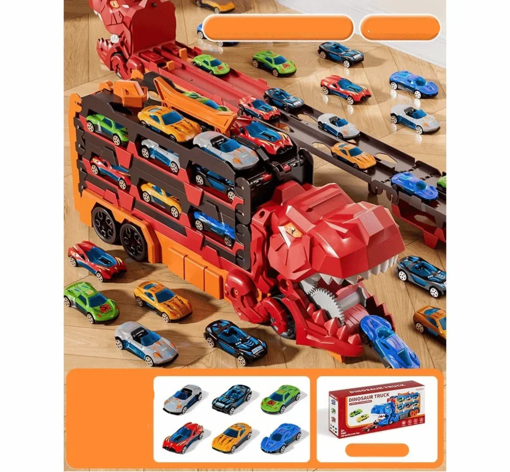 Educational foldable dinosaur truck and car launcher playset, promoting motor skills in kids.