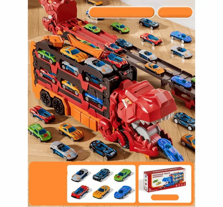 Educational foldable dinosaur truck and car launcher playset, promoting motor skills in kids.