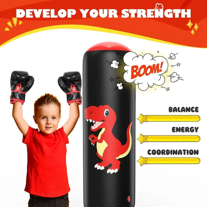 Green dinosaur inflatable punching bag for kids. Durable freestanding design for boys & girls active play & exercise.