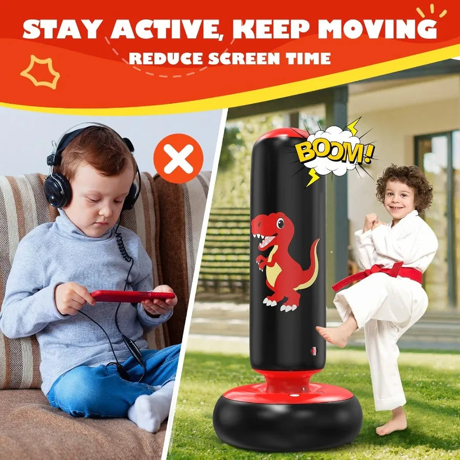 Child happily punching the tall inflatable DinoPuncher, a freestanding dinosaur toy for active skill development.
