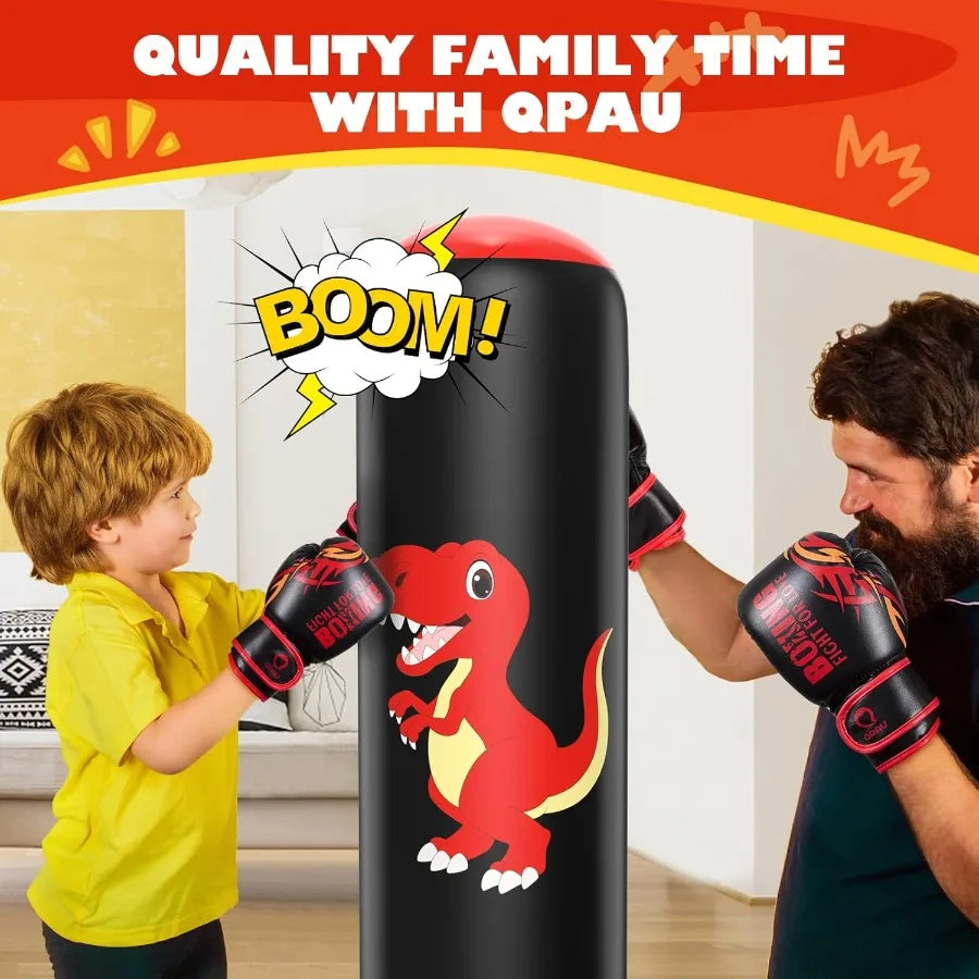 Bright green freestanding dinosaur punching bag for kids. Inflatable sports toy, easy setup for active play.