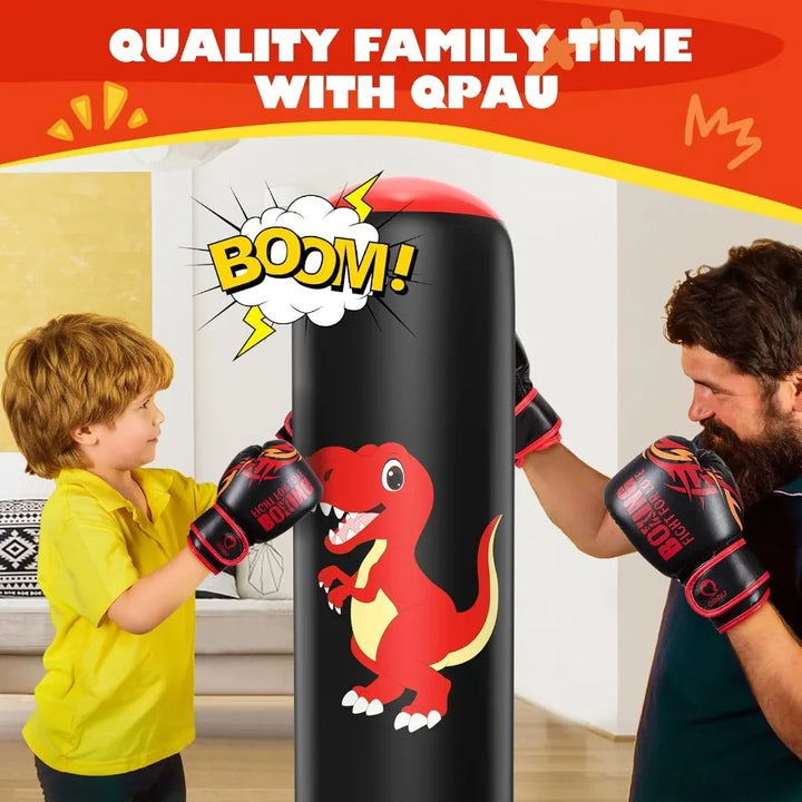 Bright green freestanding dinosaur punching bag for kids. Inflatable sports toy, easy setup for active play.