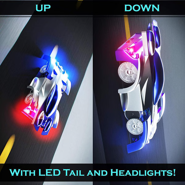 Red RC wall climbing car defying gravity on a vertical surface. Remote control electric toy for boys & girls.
