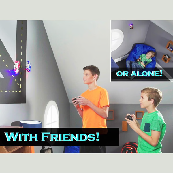 Child playing with a gravity-defying RC wall climbing car & remote control. Interactive electric toy for kids.