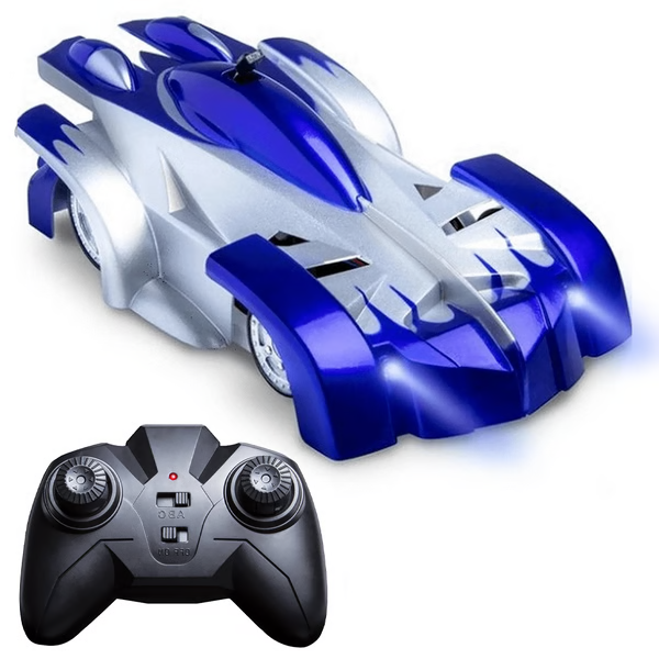 Two kids playing with red & blue gravity-defying RC wall climbing cars. Fun remote control electric toys.