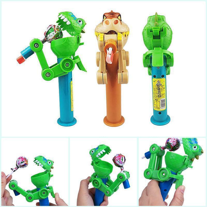Child's hand holding a bright dinosaur lollipop holder, featuring a secure grip for play and treats