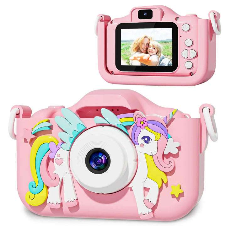 Child enjoying nature photography with the blue cat Unicapture kids digital camera outdoors.