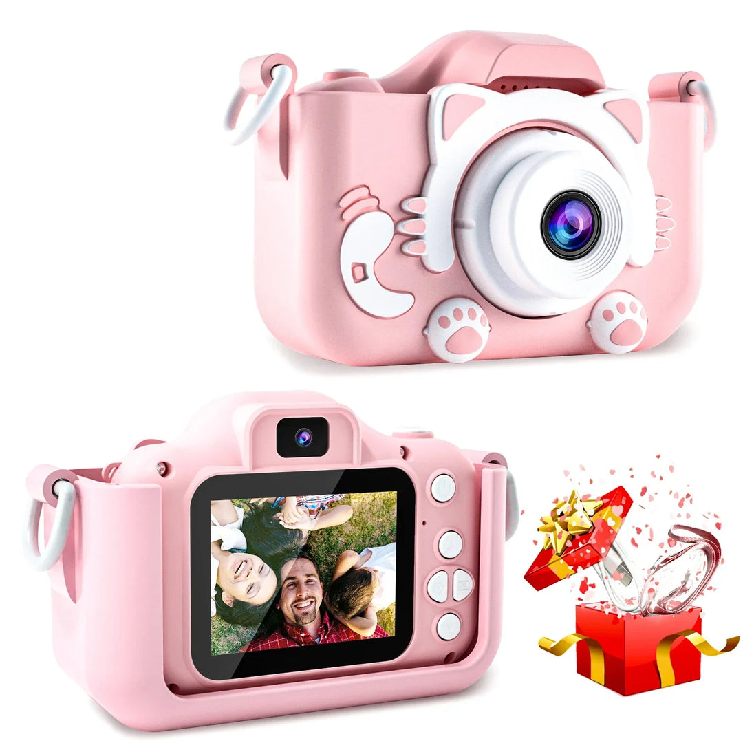 Close-up of blue cat Unicapture kids digital camera, highlighting features for young photographers.