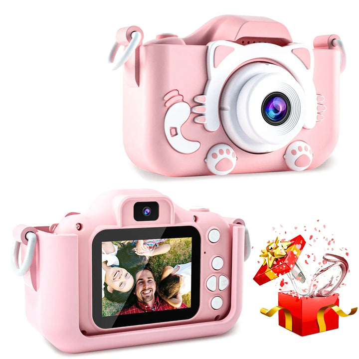 Close-up of blue cat Unicapture kids digital camera, highlighting features for young photographers.