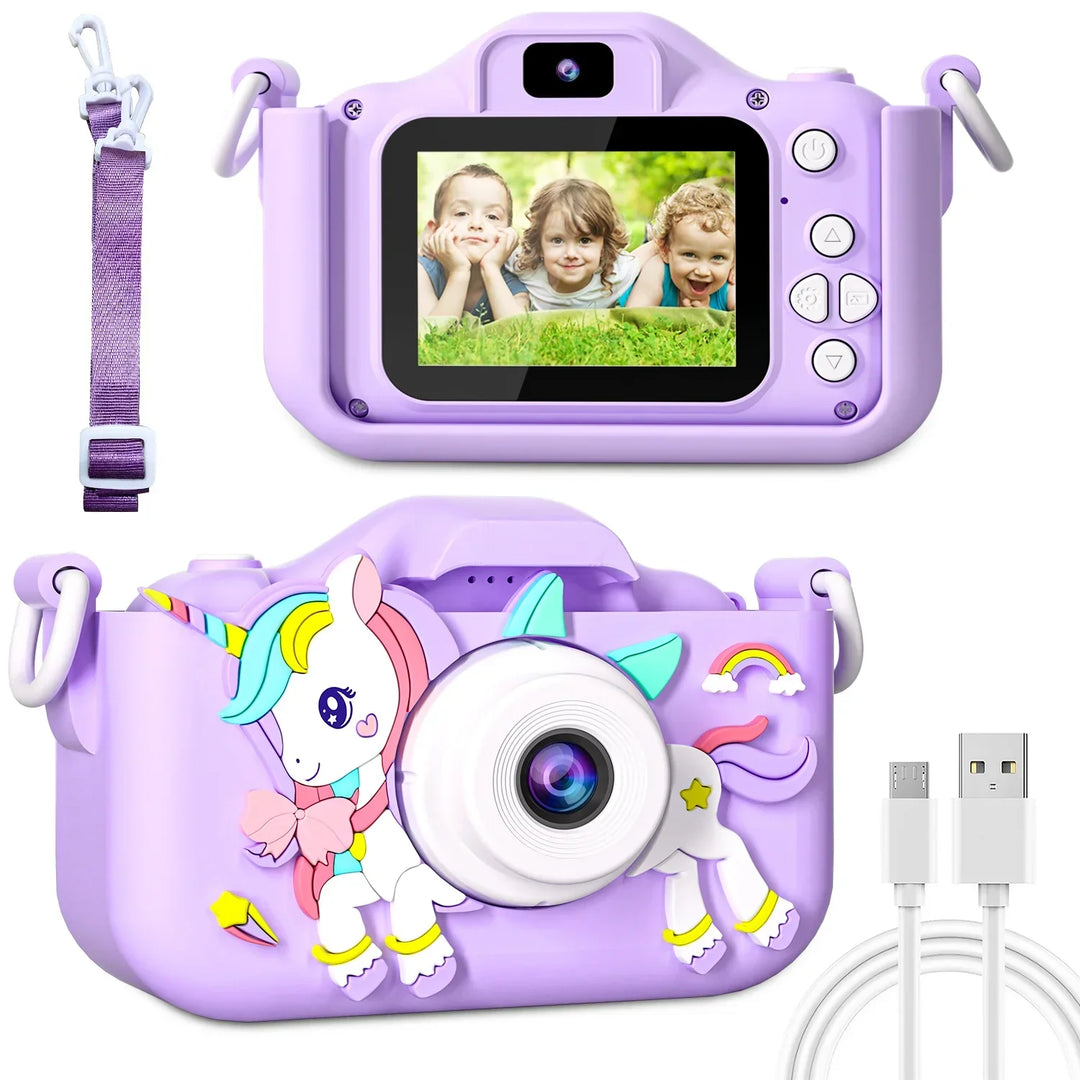 Unicapture kids digital camera in its box, blue cat design, ready as a children's gift.
