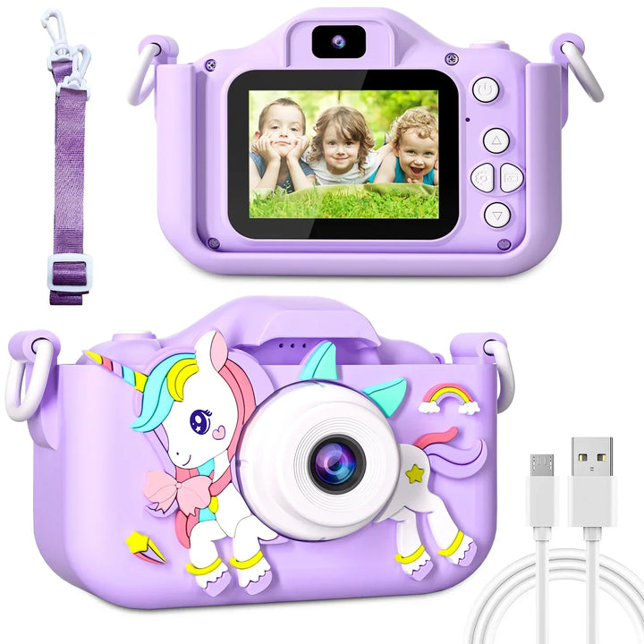 Unicapture kids digital camera in its box, blue cat design, ready as a children's gift.