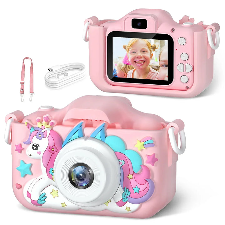 Unicapture kids digital camera with blue cat design, a fun toy camera for aspiring photographers.