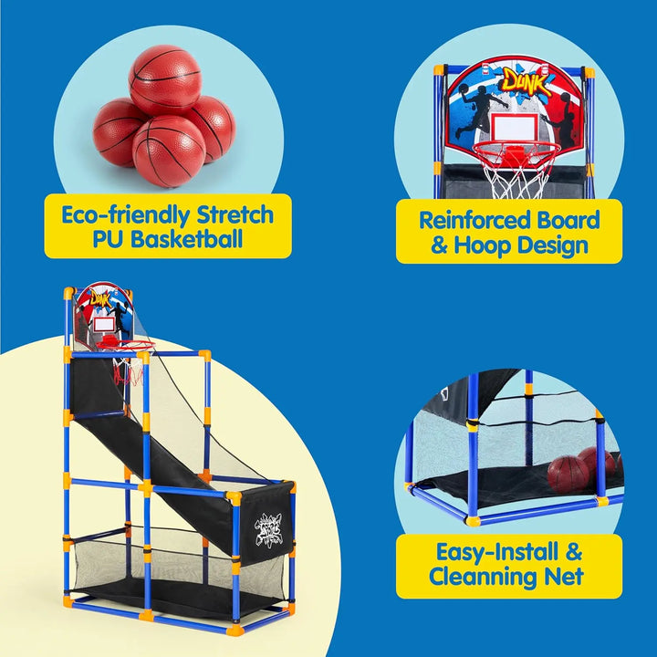 Kids playing with dual-shot indoor outdoor arcade basketball hoop for active fun.