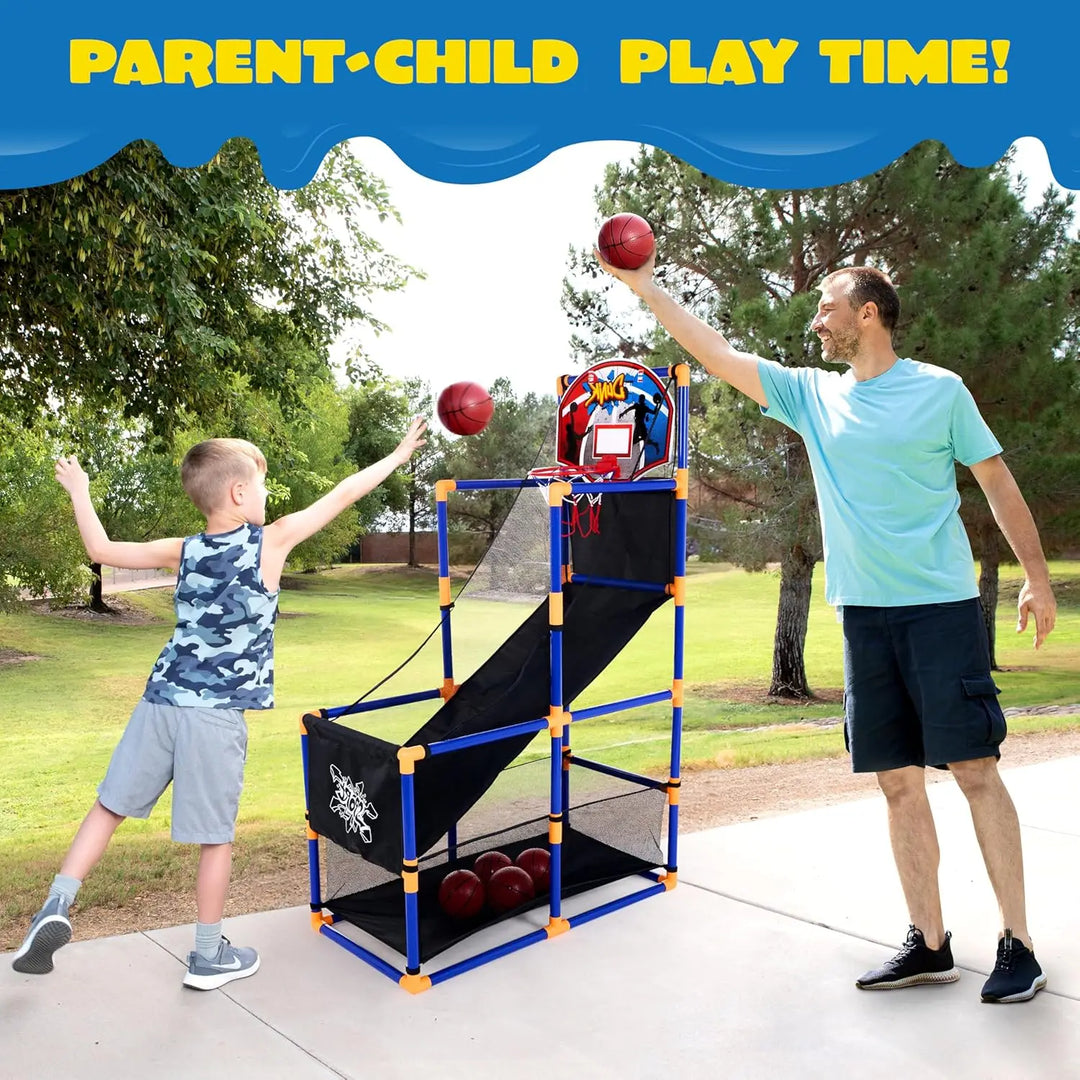 Durable kids' basketball hoop set with dual hoops, ideal for indoor/outdoor arcade play.