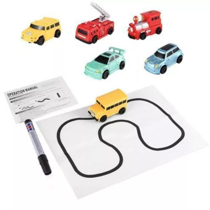 Red inductive toy car following a thick black marker line on a table