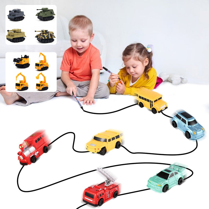 Interactive kids toy: blue inductive car moving along a custom-drawn route
