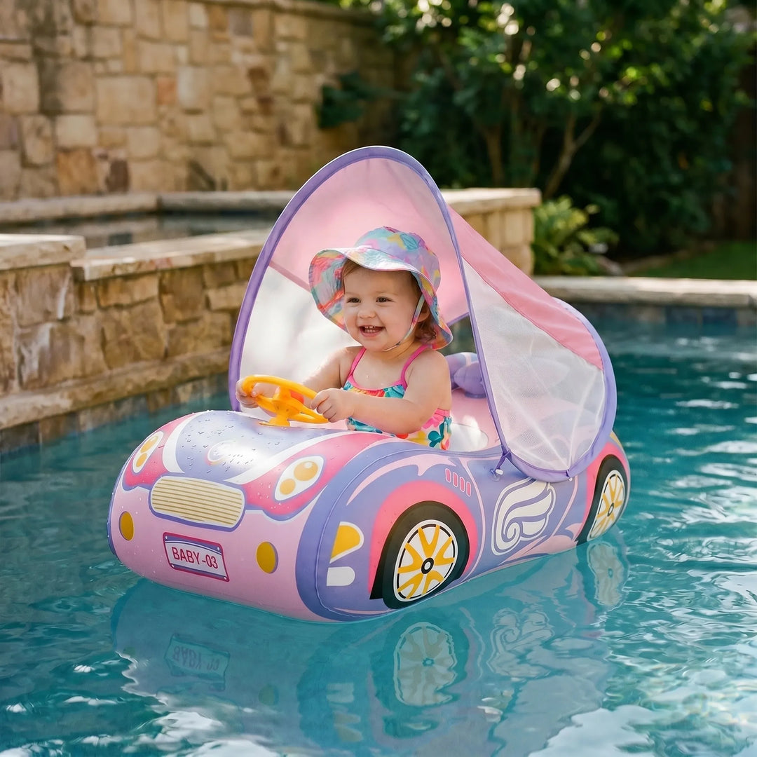 Kids' inflatable car pool float with sun canopy for toddlers, offering sun protection & water play fun.
